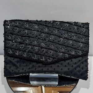 Black Seed Beaded Satin Vintage Clutch Envelope bag 1920 - 1950’s Era EUC